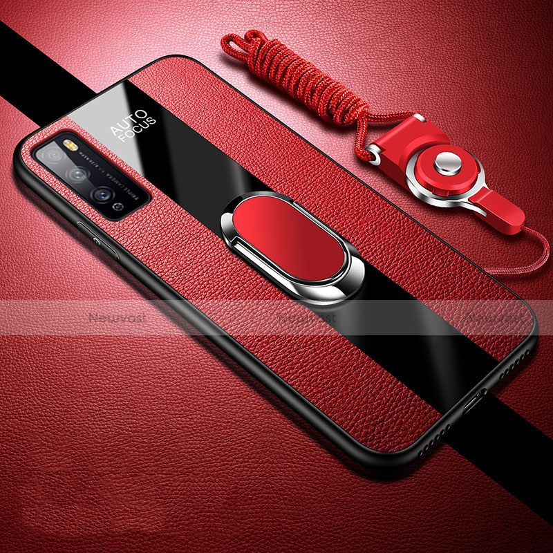 Soft Silicone Gel Leather Snap On Case Cover with Magnetic Finger Ring Stand for Huawei Enjoy 20 Pro 5G Red