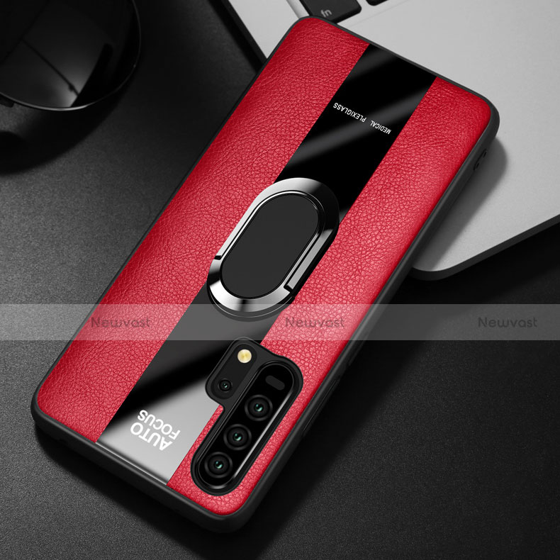 Soft Silicone Gel Leather Snap On Case Cover with Magnetic Finger Ring Stand for Huawei Honor 20 Pro Red