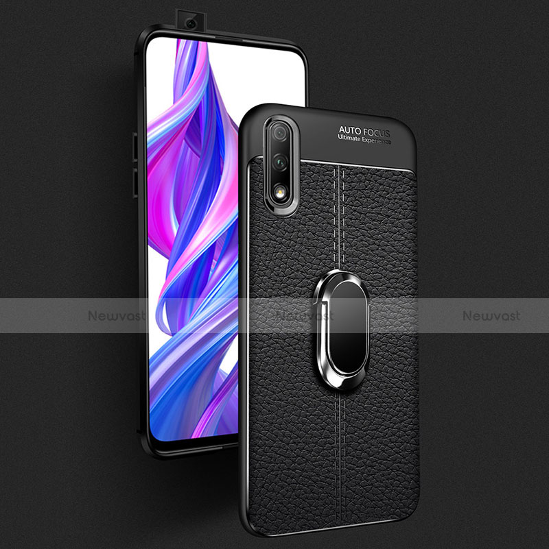 Soft Silicone Gel Leather Snap On Case Cover with Magnetic Finger Ring Stand for Huawei Honor 9X