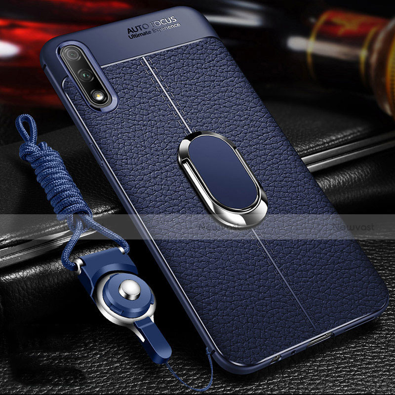 Soft Silicone Gel Leather Snap On Case Cover with Magnetic Finger Ring Stand for Huawei Honor 9X Blue