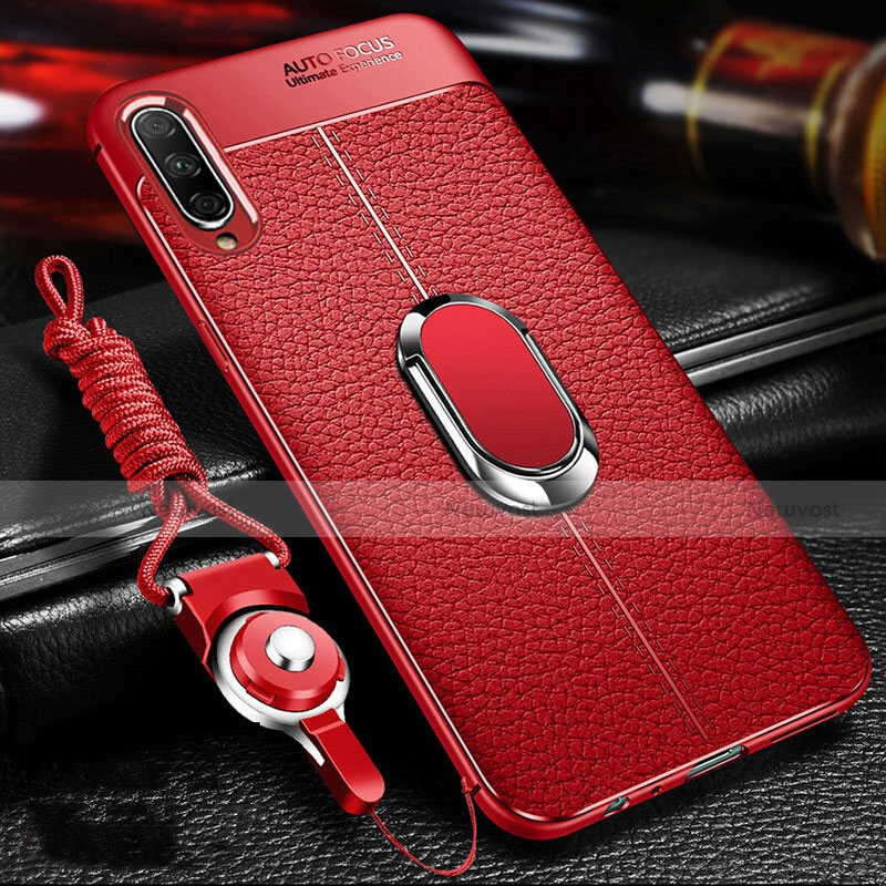 Soft Silicone Gel Leather Snap On Case Cover with Magnetic Finger Ring Stand for Huawei Honor 9X Pro Red