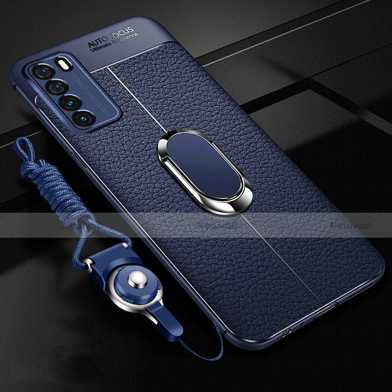 Soft Silicone Gel Leather Snap On Case Cover with Magnetic Finger Ring Stand for Huawei Honor Play4 5G Blue