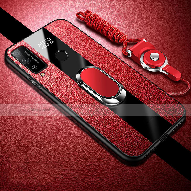 Soft Silicone Gel Leather Snap On Case Cover with Magnetic Finger Ring Stand for Huawei Honor Play4T Red