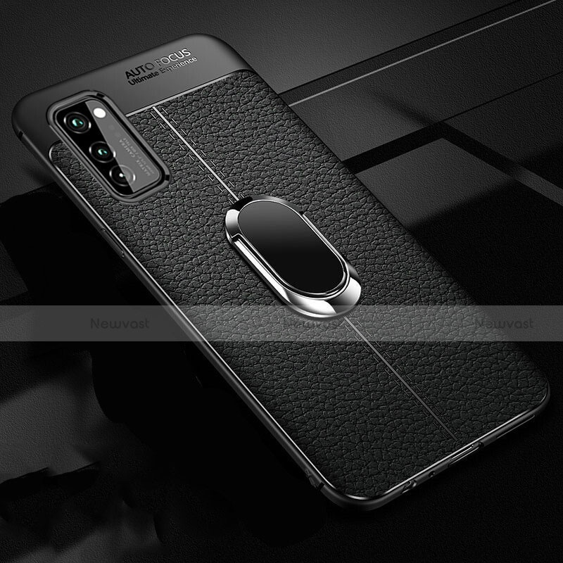Soft Silicone Gel Leather Snap On Case Cover with Magnetic Finger Ring Stand for Huawei Honor V30 5G Black