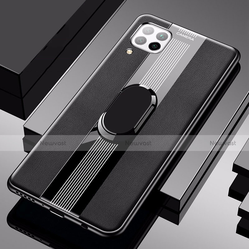 Soft Silicone Gel Leather Snap On Case Cover with Magnetic Finger Ring Stand for Huawei Nova 7i Black