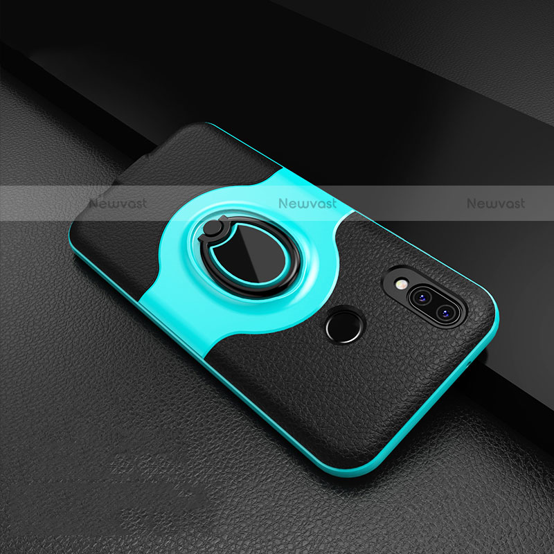 Soft Silicone Gel Leather Snap On Case Cover with Magnetic Finger Ring Stand for Huawei P20 Lite Cyan