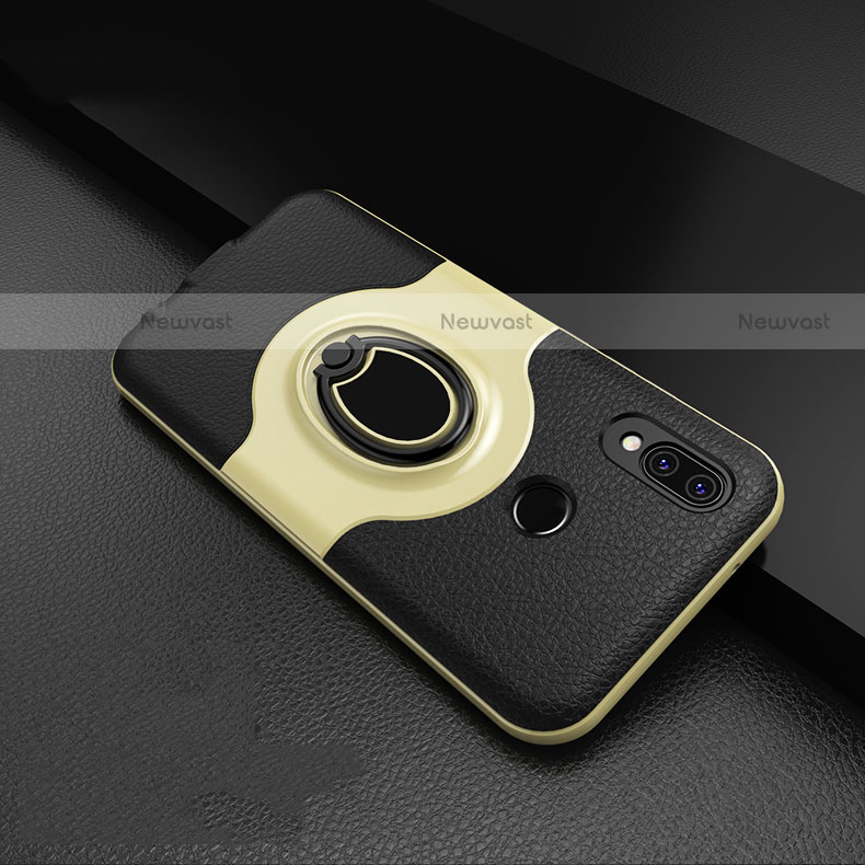 Soft Silicone Gel Leather Snap On Case Cover with Magnetic Finger Ring Stand for Huawei P20 Lite Gold