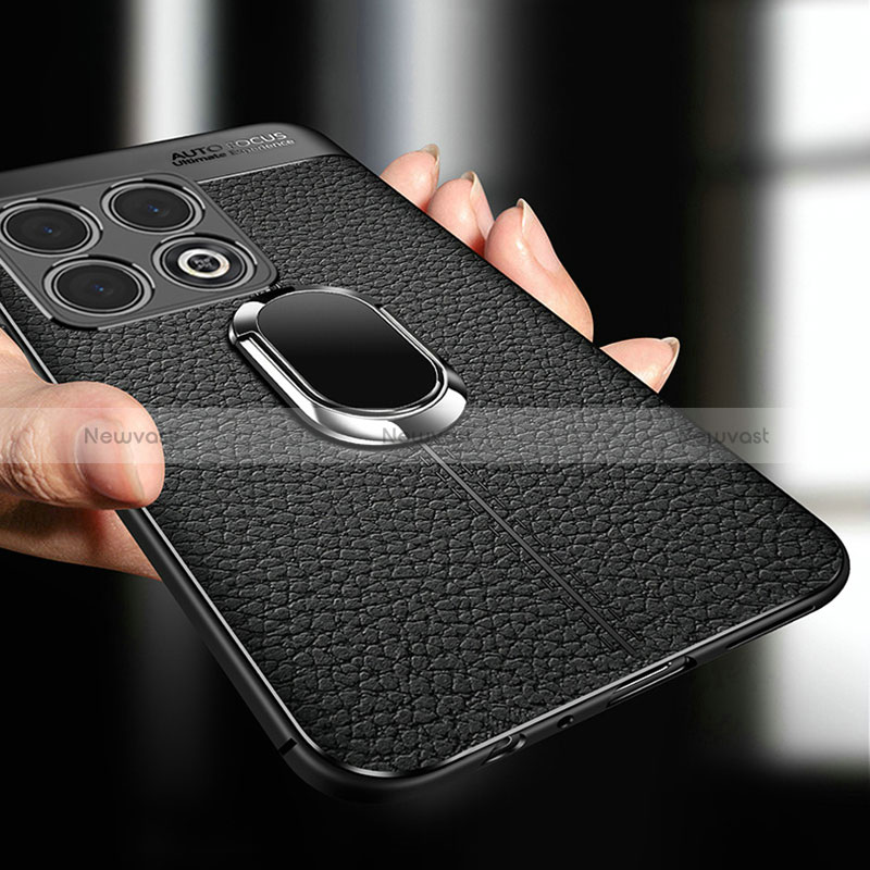 Soft Silicone Gel Leather Snap On Case Cover with Magnetic Finger Ring Stand for OnePlus 10 Pro 5G