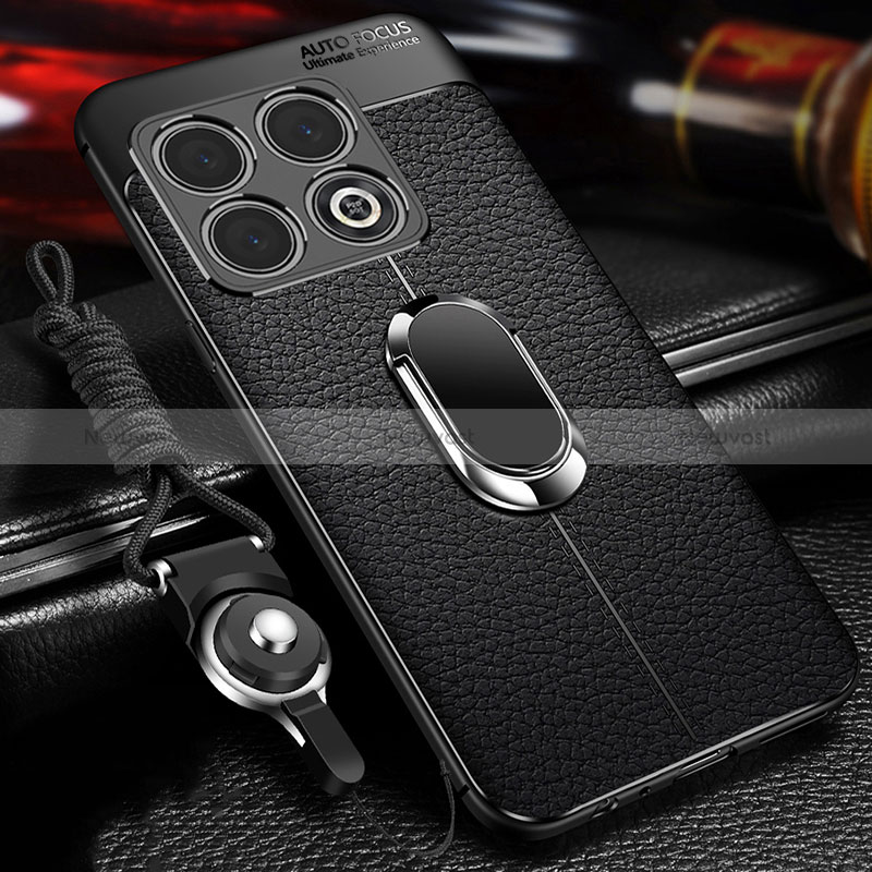Soft Silicone Gel Leather Snap On Case Cover with Magnetic Finger Ring Stand for OnePlus 10 Pro 5G Black