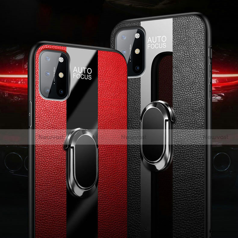 Soft Silicone Gel Leather Snap On Case Cover with Magnetic Finger Ring Stand for OnePlus 8T 5G
