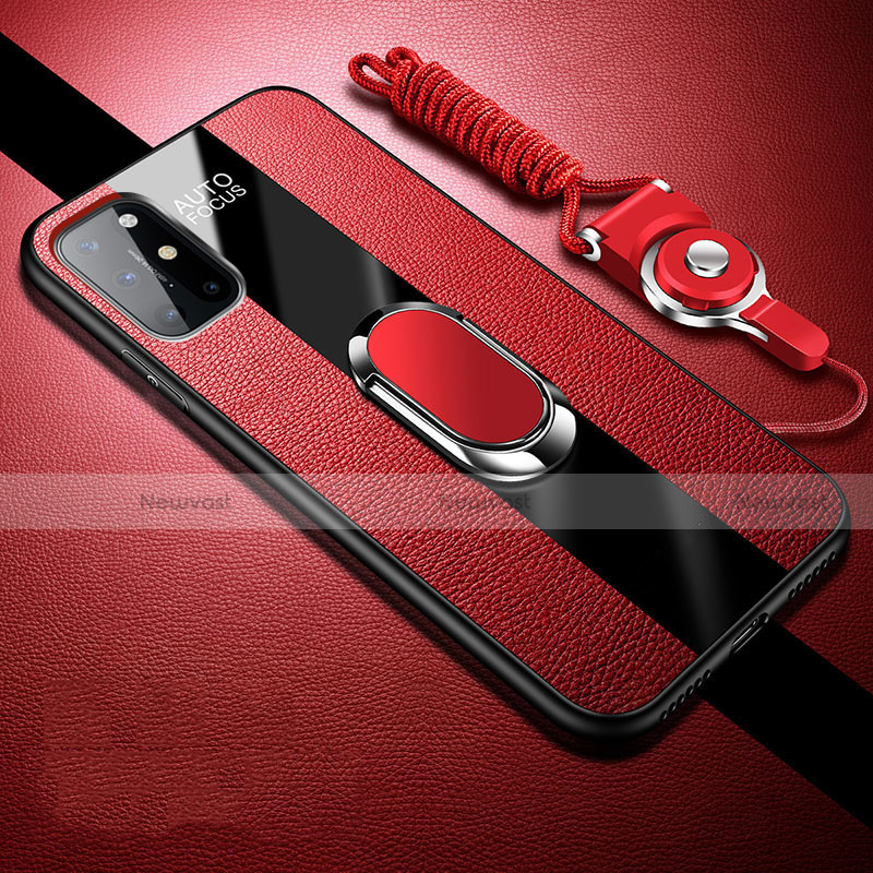 Soft Silicone Gel Leather Snap On Case Cover with Magnetic Finger Ring Stand for OnePlus 8T 5G Red