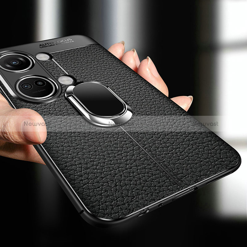 Soft Silicone Gel Leather Snap On Case Cover with Magnetic Finger Ring Stand for OnePlus Ace 2V 5G