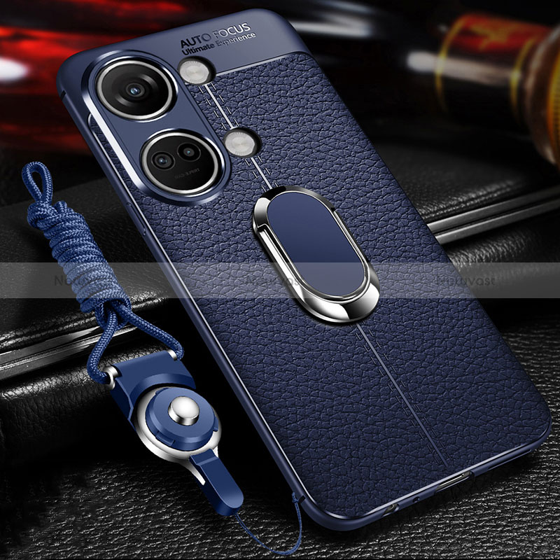Soft Silicone Gel Leather Snap On Case Cover with Magnetic Finger Ring Stand for OnePlus Ace 2V 5G Blue