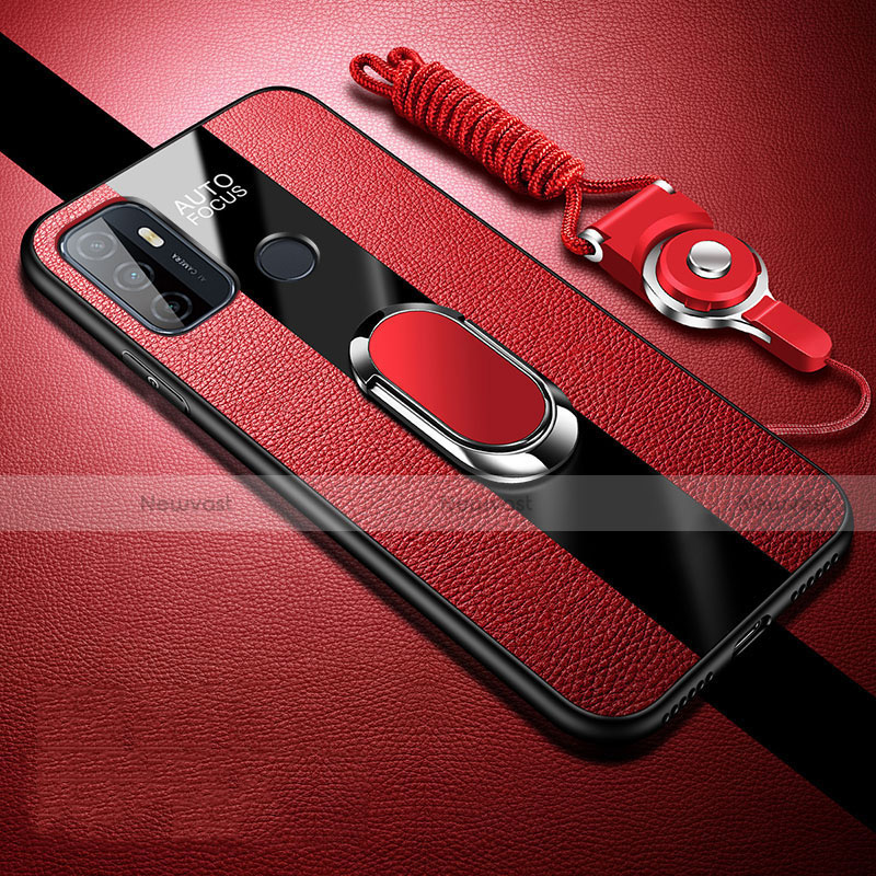 Soft Silicone Gel Leather Snap On Case Cover with Magnetic Finger Ring Stand for Oppo A32 Red