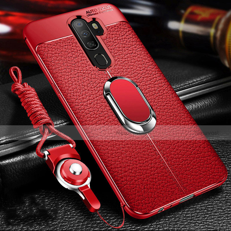 Soft Silicone Gel Leather Snap On Case Cover with Magnetic Finger Ring Stand for Oppo A5 (2020) Red