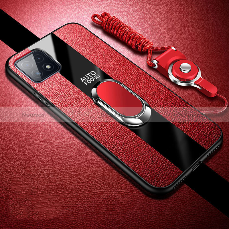 Soft Silicone Gel Leather Snap On Case Cover with Magnetic Finger Ring Stand for Oppo A53 5G Red