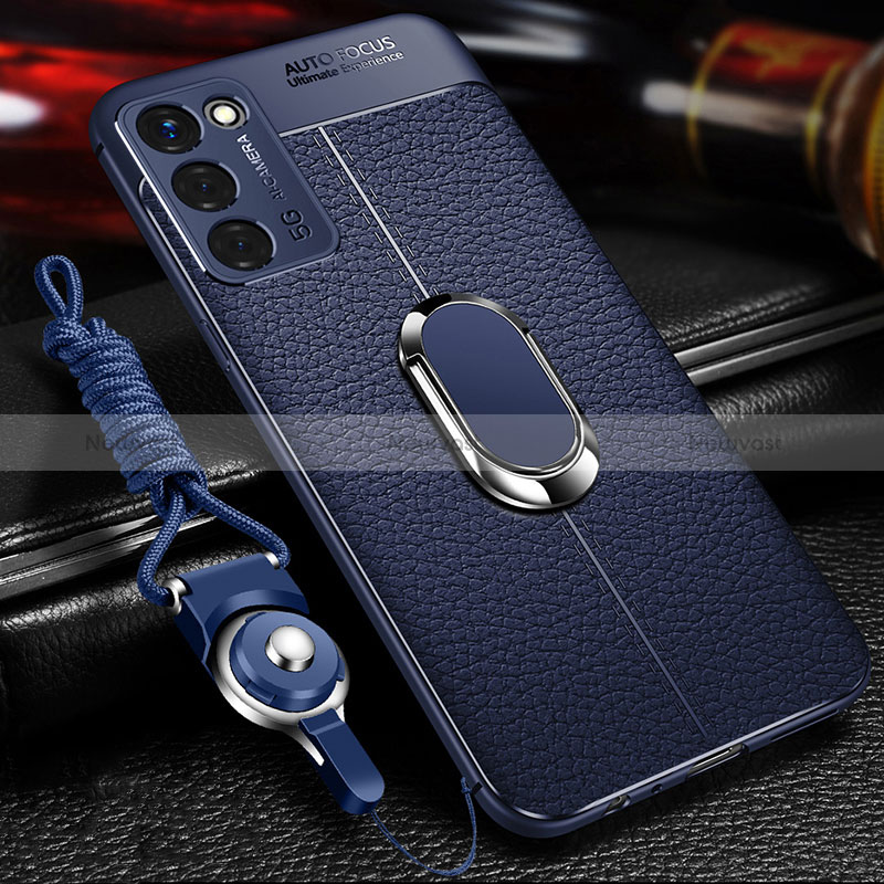 Soft Silicone Gel Leather Snap On Case Cover with Magnetic Finger Ring Stand for Oppo A53s 5G Blue