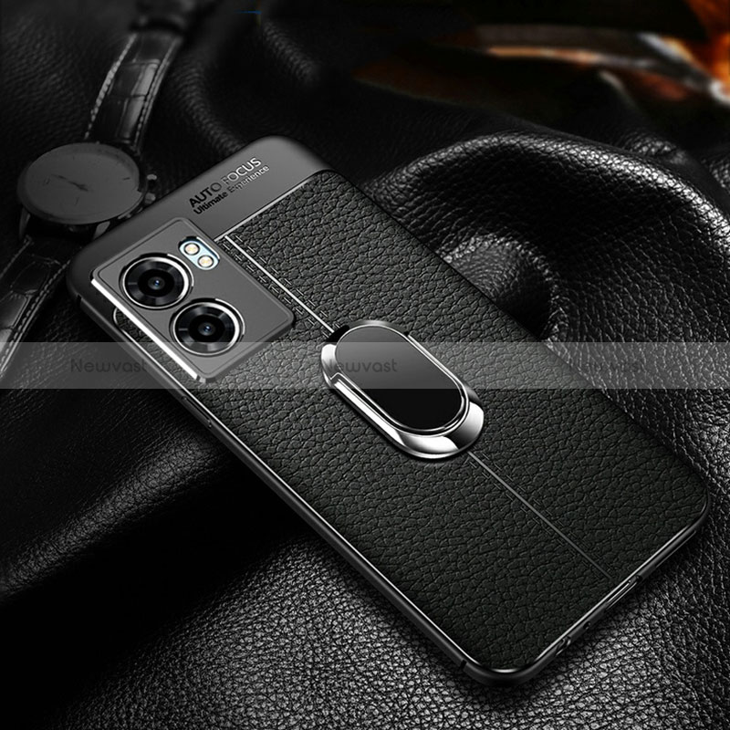 Soft Silicone Gel Leather Snap On Case Cover with Magnetic Finger Ring Stand for Oppo A56S 5G