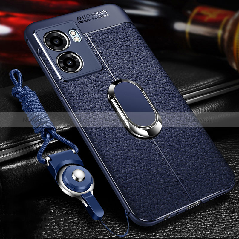 Soft Silicone Gel Leather Snap On Case Cover with Magnetic Finger Ring Stand for Oppo A56S 5G Blue