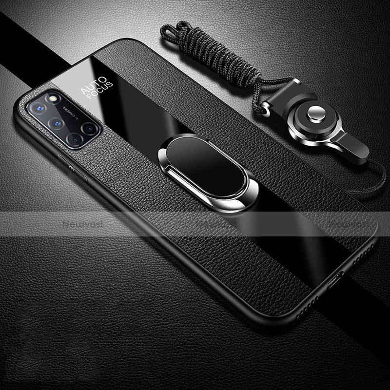 Soft Silicone Gel Leather Snap On Case Cover with Magnetic Finger Ring Stand for Oppo A72 Black