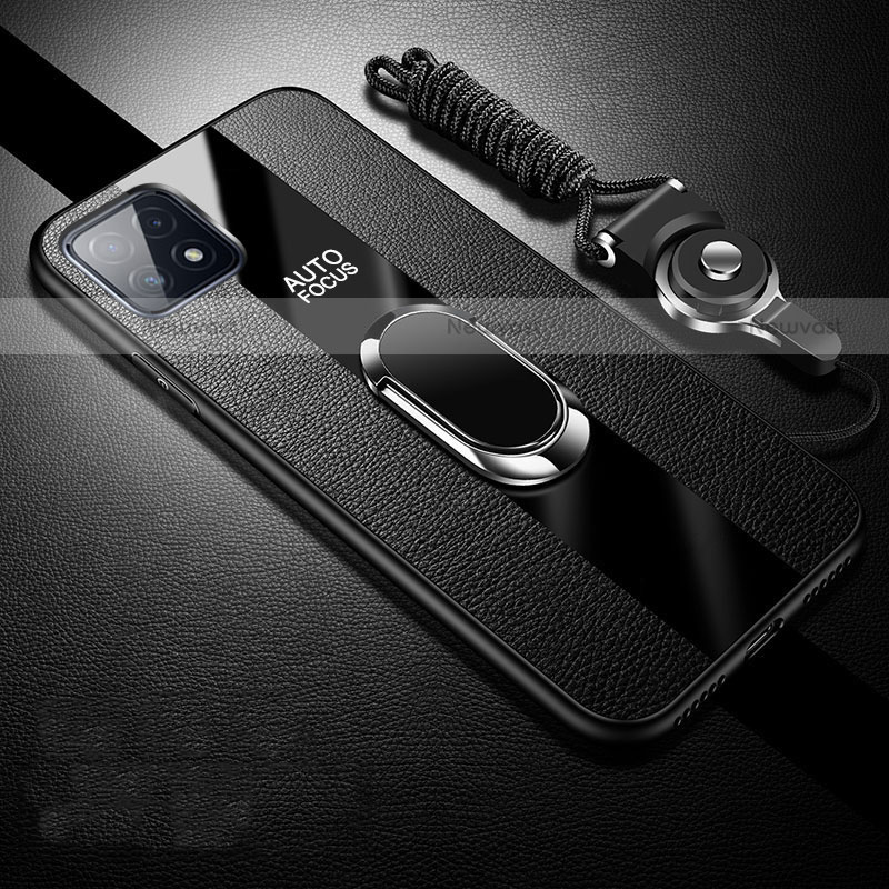 Soft Silicone Gel Leather Snap On Case Cover with Magnetic Finger Ring Stand for Oppo A73 5G Black