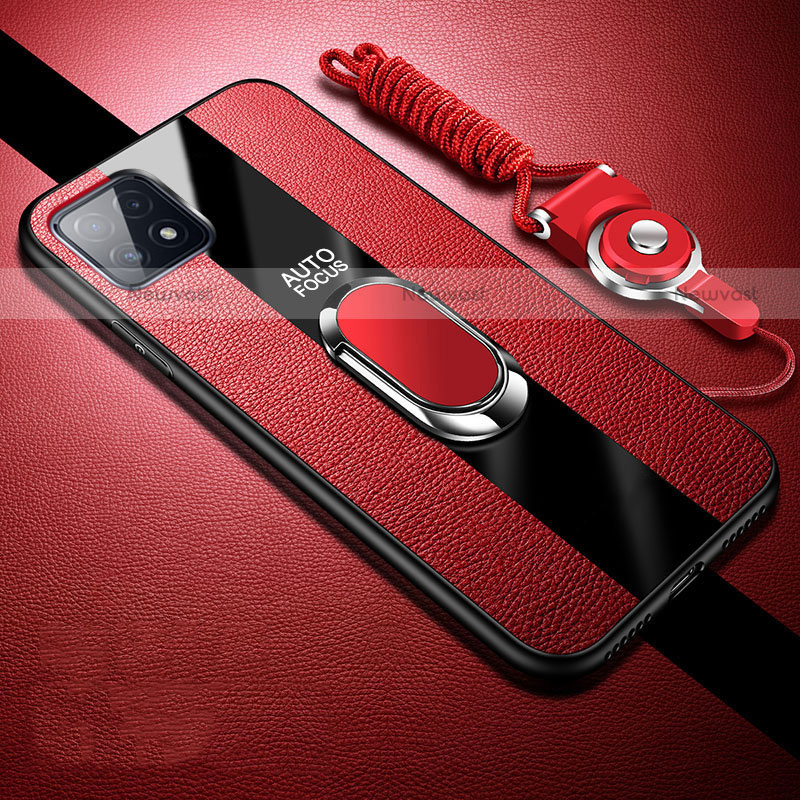 Soft Silicone Gel Leather Snap On Case Cover with Magnetic Finger Ring Stand for Oppo A73 5G Red