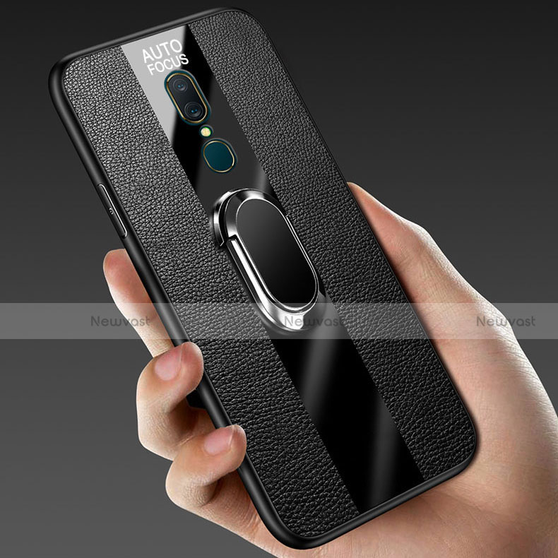Soft Silicone Gel Leather Snap On Case Cover with Magnetic Finger Ring Stand for Oppo A9 Black