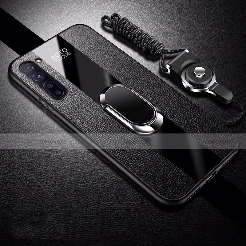 Soft Silicone Gel Leather Snap On Case Cover with Magnetic Finger Ring Stand for Oppo F15 Black