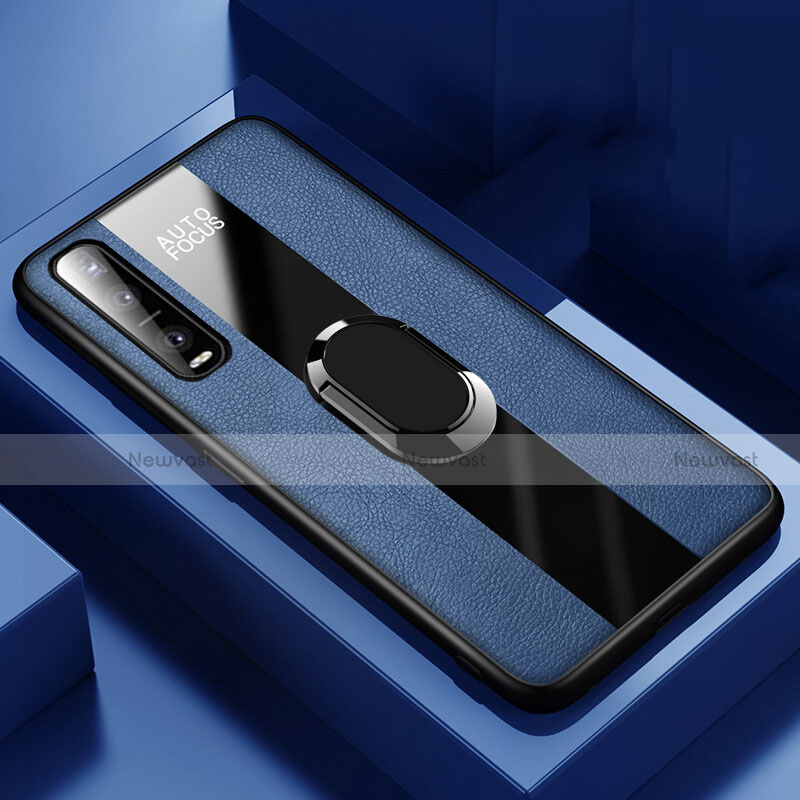 Soft Silicone Gel Leather Snap On Case Cover with Magnetic Finger Ring Stand for Oppo Find X2 Pro Blue