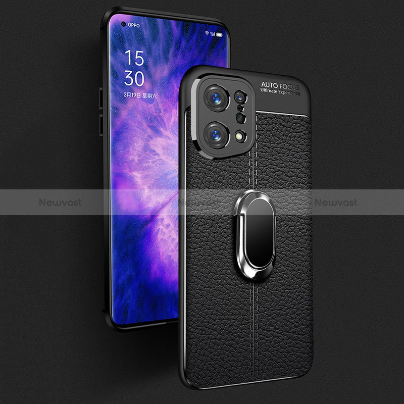 Soft Silicone Gel Leather Snap On Case Cover with Magnetic Finger Ring Stand for Oppo Find X5 5G