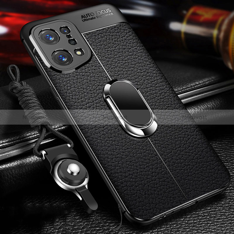 Soft Silicone Gel Leather Snap On Case Cover with Magnetic Finger Ring Stand for Oppo Find X5 5G Black