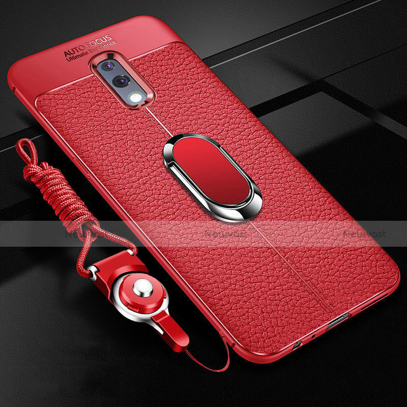 Soft Silicone Gel Leather Snap On Case Cover with Magnetic Finger Ring Stand for Oppo K3 Red