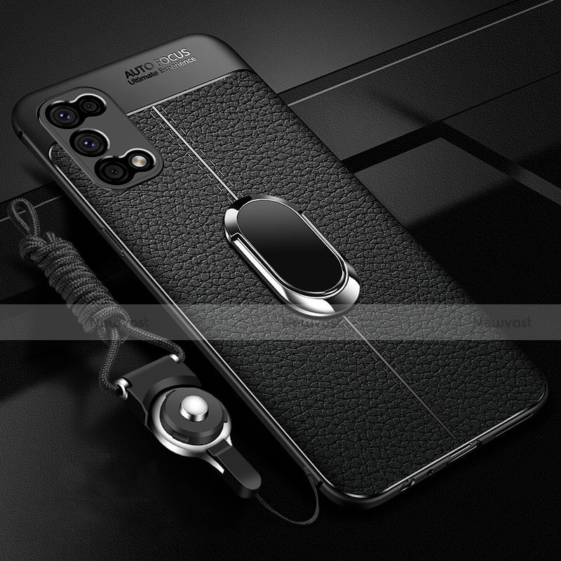 Soft Silicone Gel Leather Snap On Case Cover with Magnetic Finger Ring Stand for Oppo K7x 5G Black