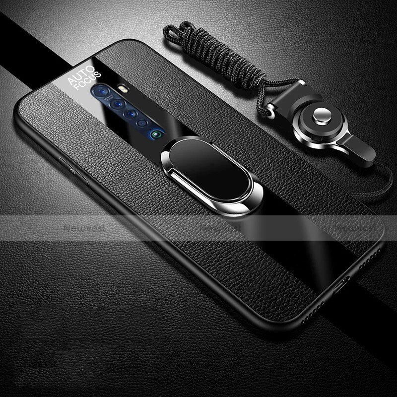 Soft Silicone Gel Leather Snap On Case Cover with Magnetic Finger Ring Stand for Oppo Reno2 Black