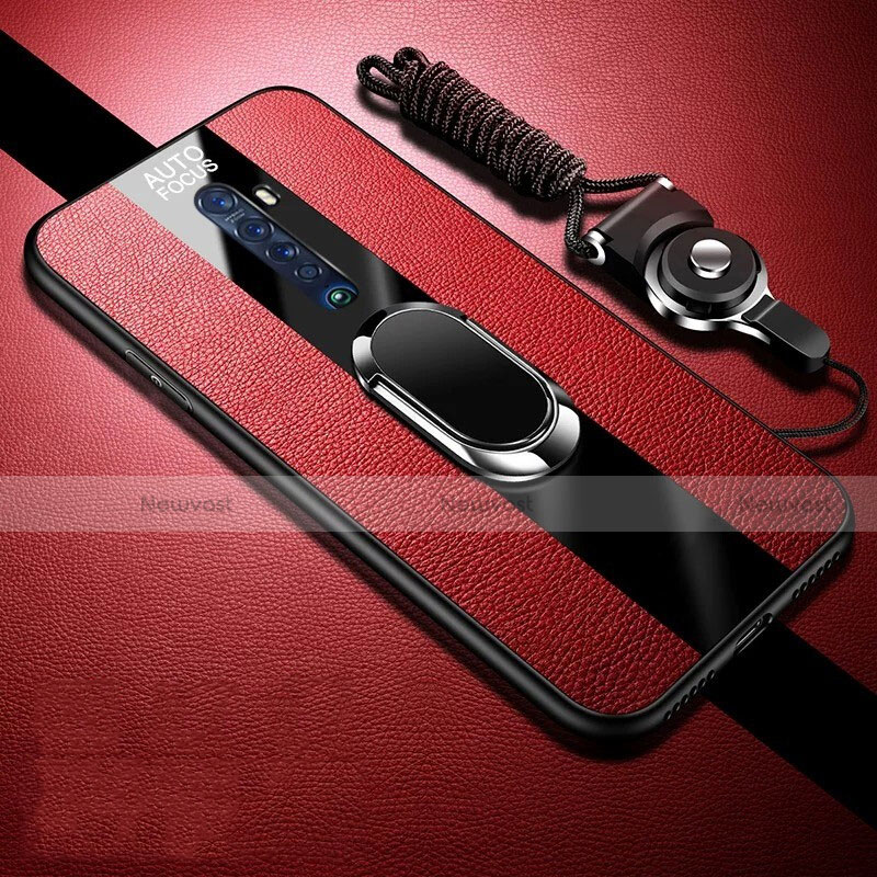 Soft Silicone Gel Leather Snap On Case Cover with Magnetic Finger Ring Stand for Oppo Reno2 Red