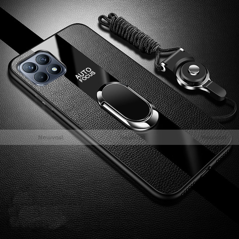 Soft Silicone Gel Leather Snap On Case Cover with Magnetic Finger Ring Stand for Oppo Reno4 SE 5G Black