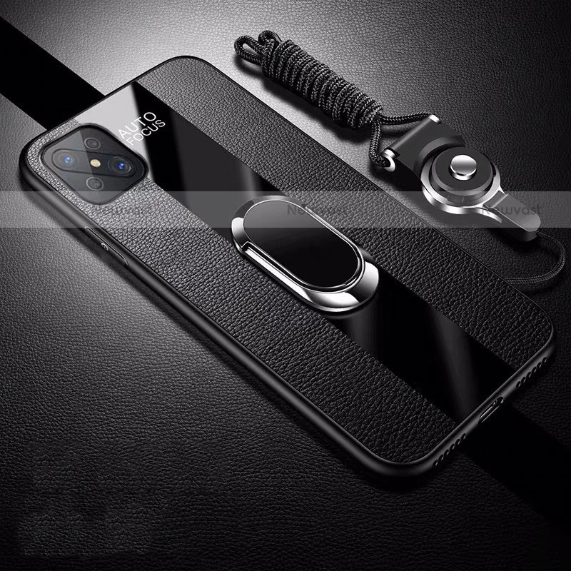 Soft Silicone Gel Leather Snap On Case Cover with Magnetic Finger Ring Stand for Oppo Reno4 Z 5G Black