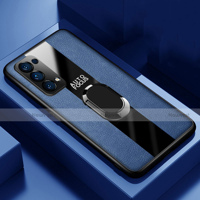 Soft Silicone Gel Leather Snap On Case Cover with Magnetic Finger Ring Stand for Oppo Reno5 5G Blue