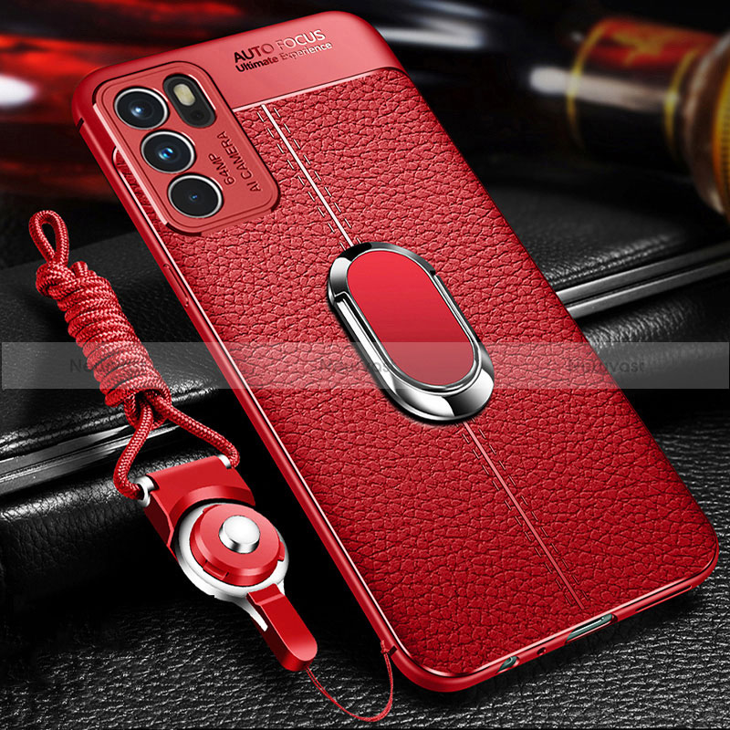 Soft Silicone Gel Leather Snap On Case Cover with Magnetic Finger Ring Stand for Oppo Reno6 Pro 5G India