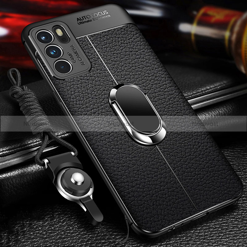 Soft Silicone Gel Leather Snap On Case Cover with Magnetic Finger Ring Stand for Oppo Reno6 Pro 5G India Black