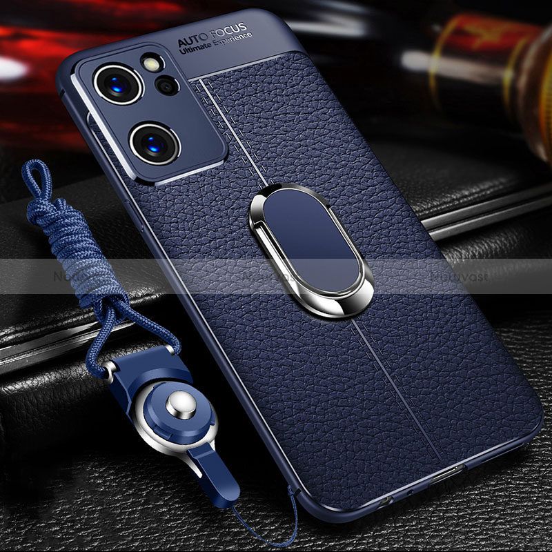 Soft Silicone Gel Leather Snap On Case Cover with Magnetic Finger Ring Stand for Oppo Reno7 5G Blue