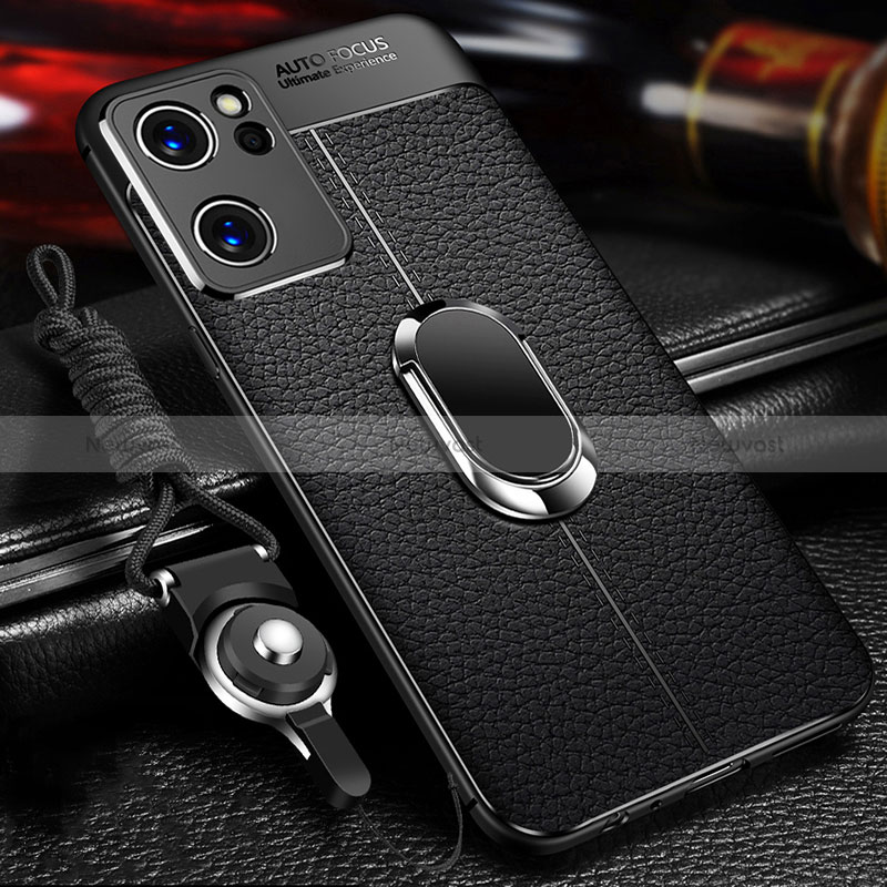 Soft Silicone Gel Leather Snap On Case Cover with Magnetic Finger Ring Stand for Oppo Reno7 SE 5G Black