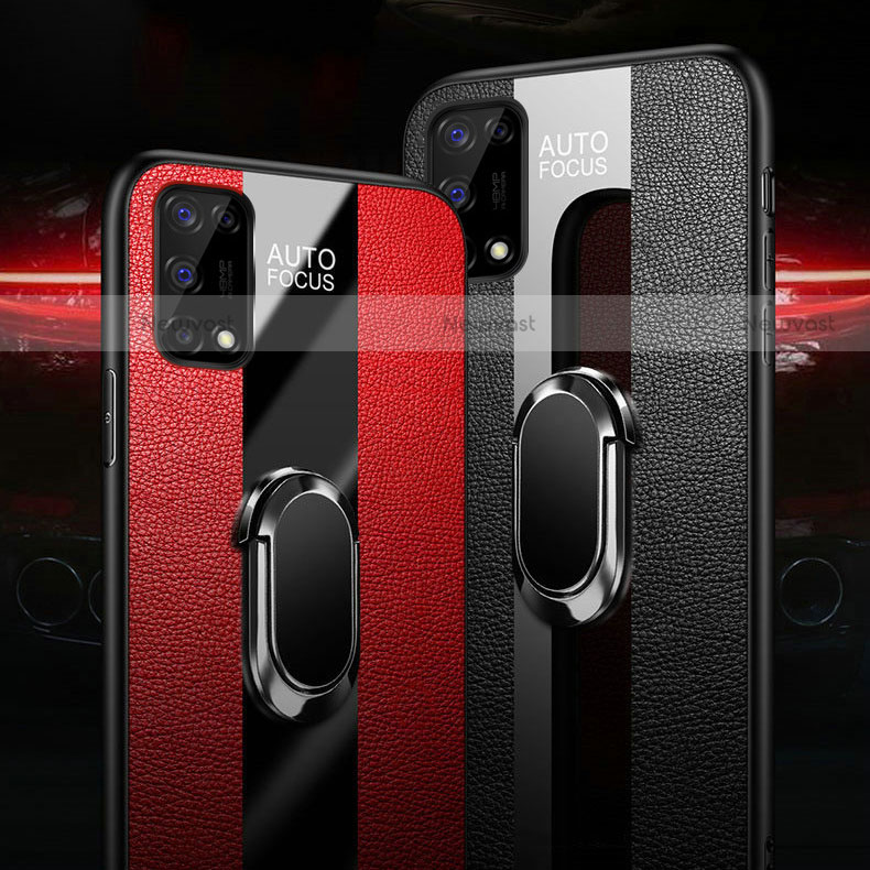 Soft Silicone Gel Leather Snap On Case Cover with Magnetic Finger Ring Stand for Realme V5 5G