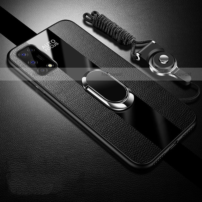 Soft Silicone Gel Leather Snap On Case Cover with Magnetic Finger Ring Stand for Realme V5 5G Black