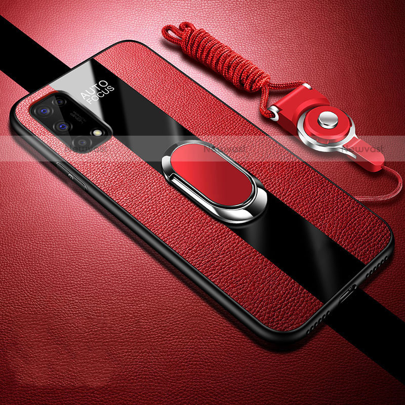 Soft Silicone Gel Leather Snap On Case Cover with Magnetic Finger Ring Stand for Realme V5 5G Red