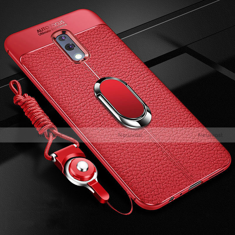 Soft Silicone Gel Leather Snap On Case Cover with Magnetic Finger Ring Stand for Realme X Red