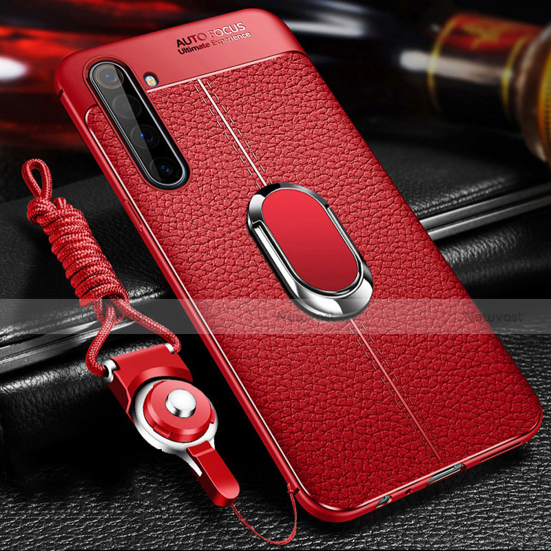 Soft Silicone Gel Leather Snap On Case Cover with Magnetic Finger Ring Stand for Realme X50 Pro 5G Red