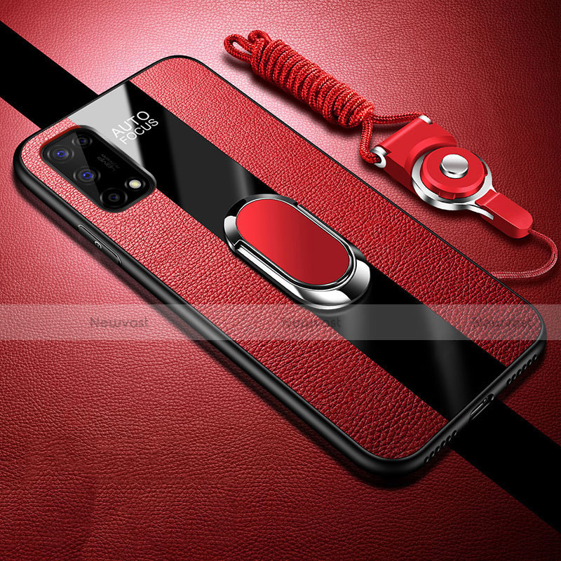 Soft Silicone Gel Leather Snap On Case Cover with Magnetic Finger Ring Stand for Realme X7 5G Red