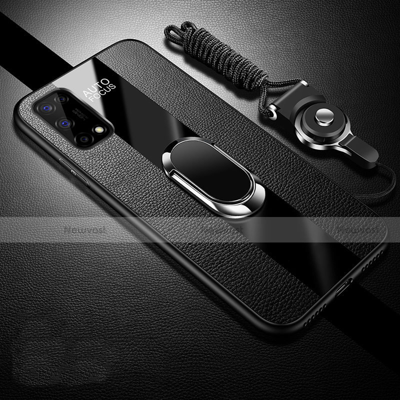 Soft Silicone Gel Leather Snap On Case Cover with Magnetic Finger Ring Stand for Realme X7 Pro 5G Black