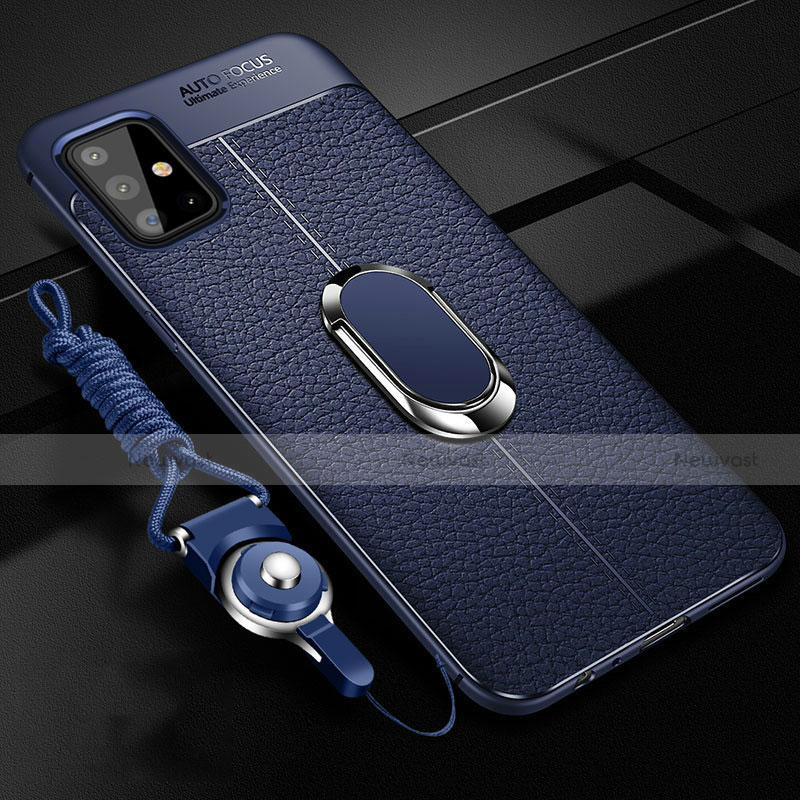 Soft Silicone Gel Leather Snap On Case Cover with Magnetic Finger Ring Stand for Samsung Galaxy A51 4G Blue